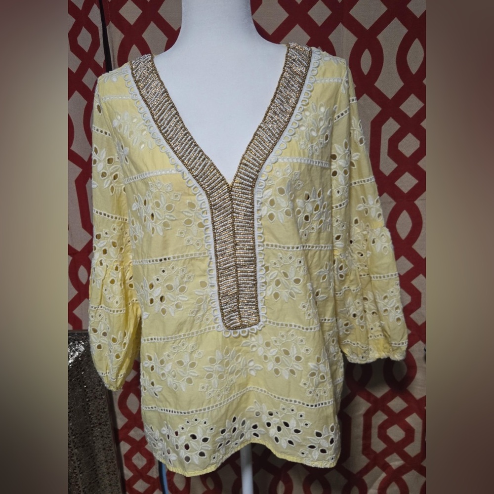Chico's Yellow Embroidered Blouse with Gold Accents